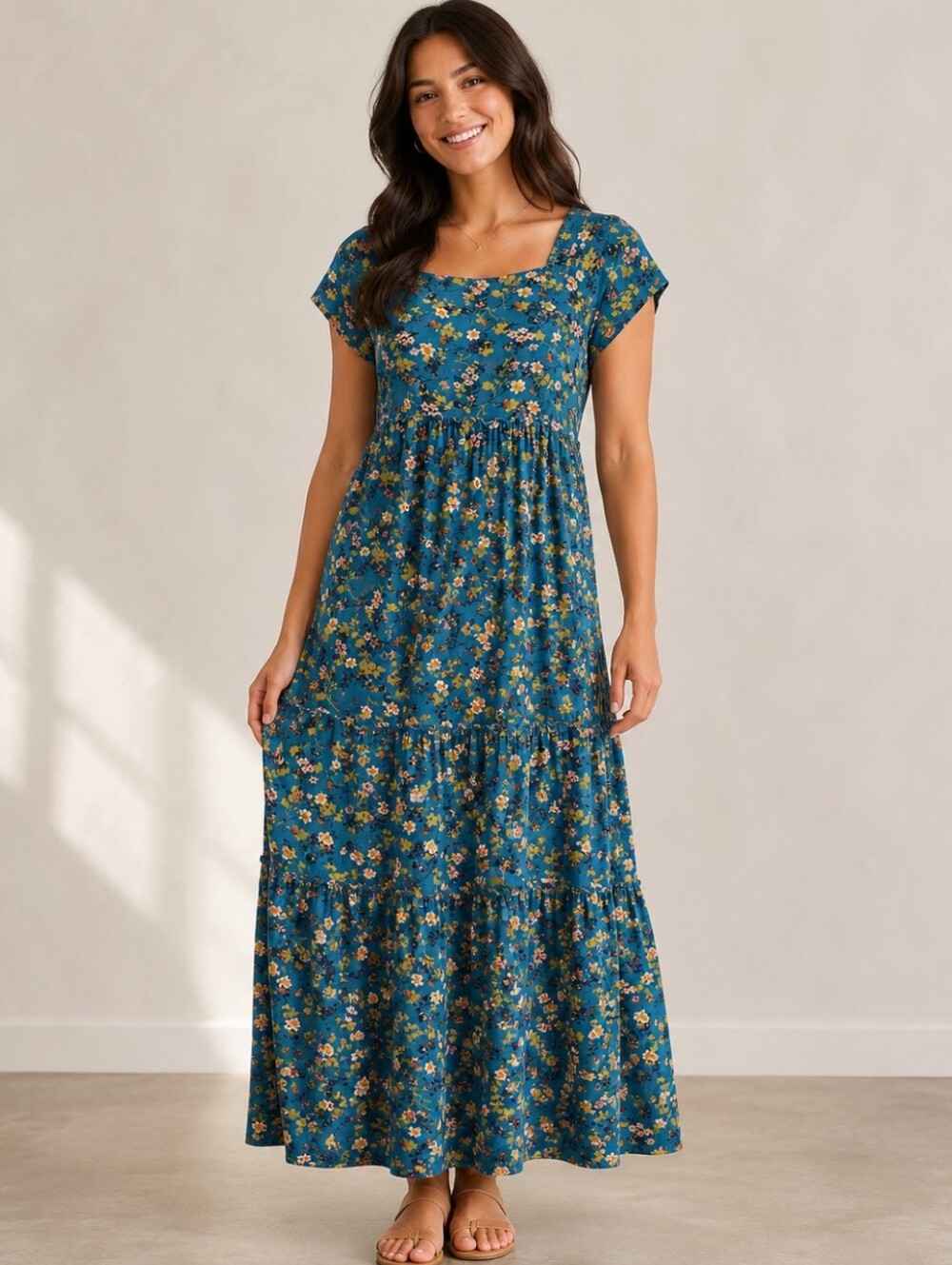 Natural Life Floral Tiered Maxi Dress L Blue 100% Cotton Square Neck Boho